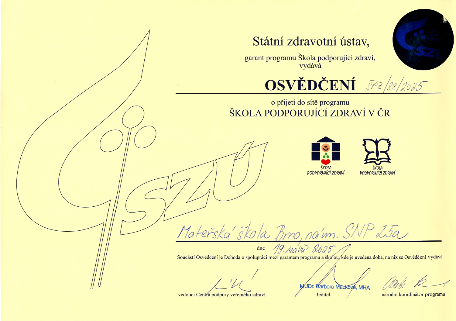 Osvědčení Škola podporující zdraví